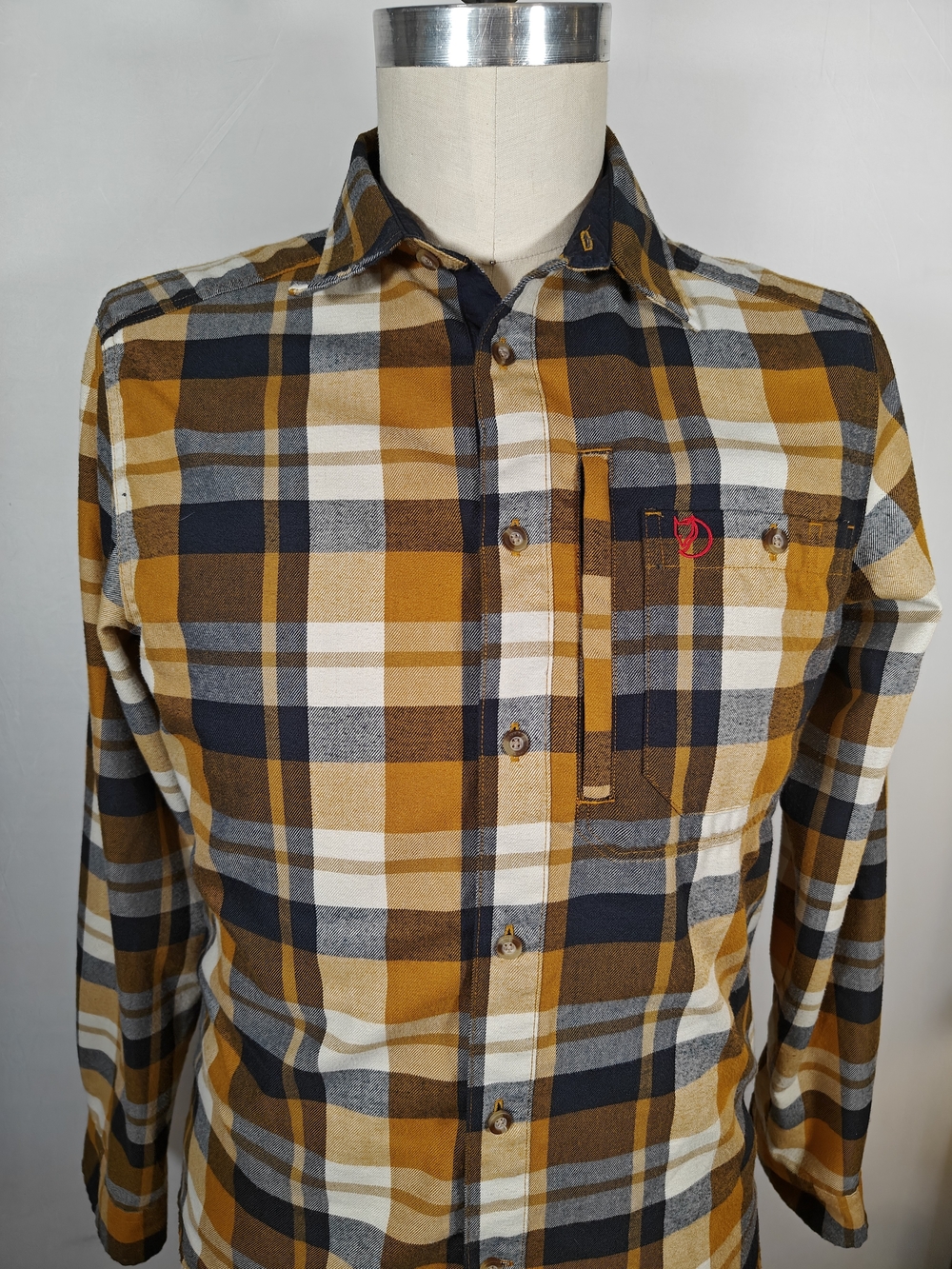 Fjallraven Mens Medium Plaid Flannel Shirt Orange Navy Blue Brown Zipper Pocket
